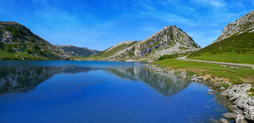 Naklejka na ściany i meble Picos de Europa Enol lake in Asturias Spain