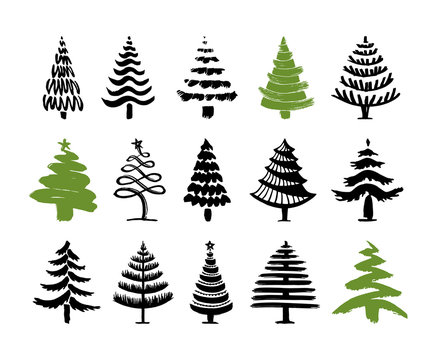 Hand drawn christmas tree set isolated on a white background. Ink vector illustration. Modern brush calligraphy.