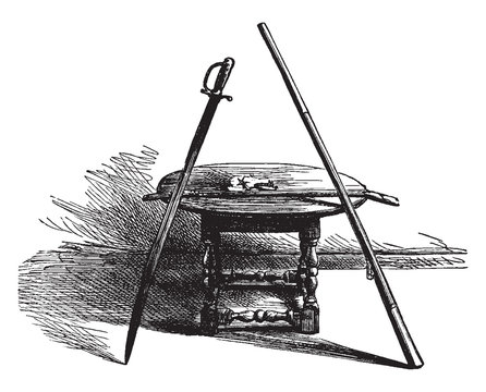antique sword and rifle on table clip art preview