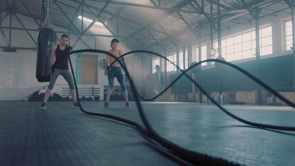 fitness women athletes training using battle ropes team exercise challenge friends enjoying intense workout bodybuilding practice together in gym slow motion