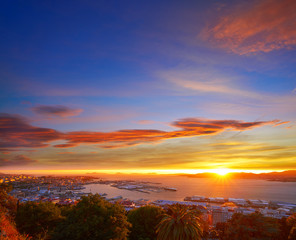 Vigo skyline and port sunset in Galicia Spain