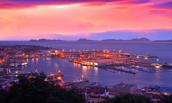 Vigo skyline and port sunset in Galicia Spain