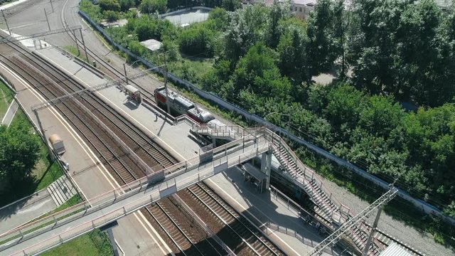 Aerial shot train is heading to the marshalling yard