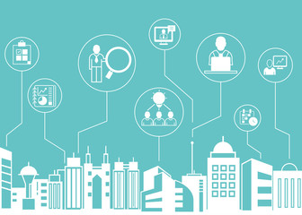 business management icons with city skyline background