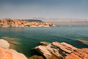 Pure blue lake water and red rocks. Sand Hollow State Park; Utah; USA