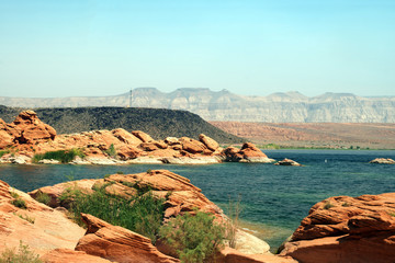 Pure blue lake water and red rocks. Sand Hollow State Park; Utah; USA