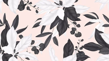 Fotobehang Floral seamless pattern, black and white magnolia leaves, eucalyptus leaves on light orange background © momosama