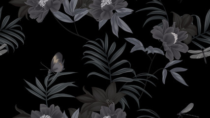 Naklejka premium Kwiatowy wzór, czarne kwiaty paenia lactiflora, kwiaty balon, liście palmowe, motyl, ważka na czarnym tle