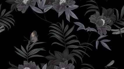 Fotobehang Floral seamless pattern, black paenia lactiflora flowers,balloon flowers, palm leaves, butterfly, dragonfly on black background © momosama