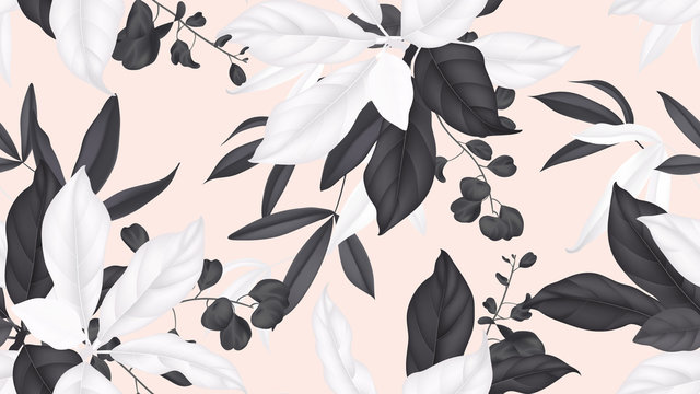 Floral seamless pattern, black and white magnolia leaves, eucalyptus leaves on light orange background © momosama