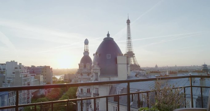 view of paris eiffel tower beautiful sunset over romantic french city on balcony travel vacation concept