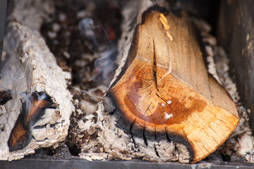 Firewood and carbon in fireplace or smokehouse