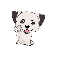 Children vector illustration of funny little Sitting puppy dog raised his front paw and looking up. cheerful puppy with a raised paw.