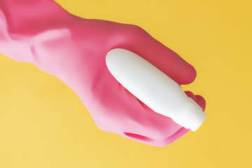 female hand in pink gloves cleaning concept on solid color background, housewokr concept f