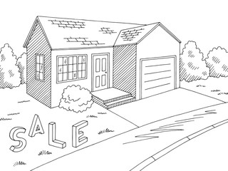 House for sale exterior graphic black white sketch illustration vector