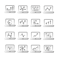 hand drawn graph and chart in laptop icon set