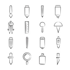 hand drawn stationery and writing tool icon set