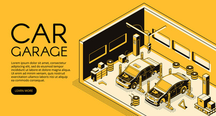 Car garage auto repair mechanic station vector illustration in isometric black thin line design on yellow halftone background. Automotive diagnostic service, car lift and tire replacement tools