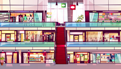 Mall shop vector illustration of shopping store interior with escalator in middle. Multistory trade center with retail sale in men and women fashion boutiques, grocery and food court cafe