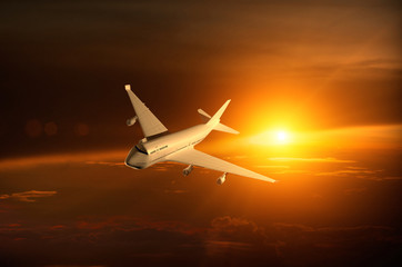 Airplane flying over the cloud sunrise , 3d rendering