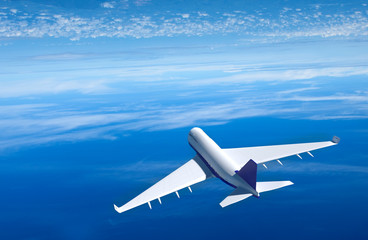 Passenger airplane flying above clouds , 3D rendering