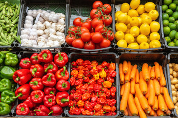 Colorful display of vegetables for sale seen at a market in London