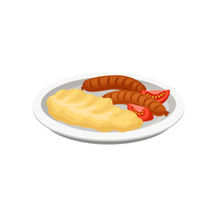Grilled sausages with mashed potatoes on a plate, grilled meat vector Illustration on a white background