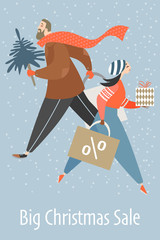  Man and woman are buying gifts. Banner with people hurrying for a big Christmas sale.  Vector illustration in cartoon style