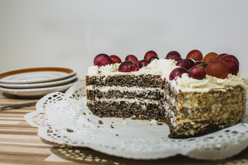 Healthy fit cake from cottage cheese, poppy and grape wine.