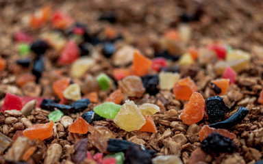 Healthy Snack, Meal. Freshly Toasted Organic Homemade Granola Cereal, Muesli Mixed With Honey, Nuts And Colorful Dry Fruits.