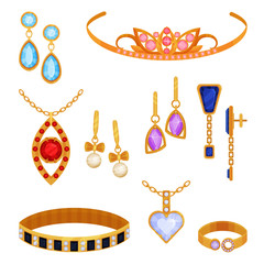 Beautiful fashionable gold jewelry set, tiara, necklace, bracelet, gold chain, earrings, pendant, ring vector Illustration on a white background © Happypictures