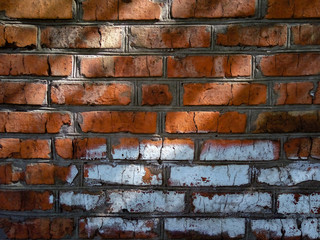 Background of very old red brick wall, close-up ancient texture