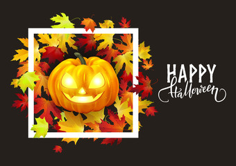 Happy Halloween postcard design, realistic pumpkin and autumn leaves, vector illustration