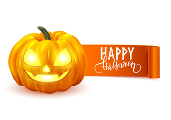 Happy Halloween realistic pumpkin and a ribbon message isolated on white, vector illustration
