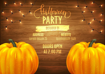 Halloween patry poster design advertisement, realistic pumpkins and decorative lights, vector illustration