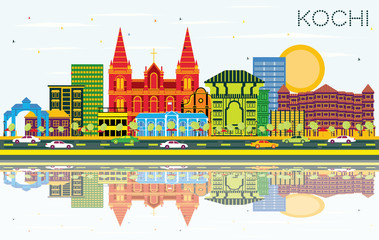 Kochi India City Skyline with Color Buildings, Blue Sky and Reflections.