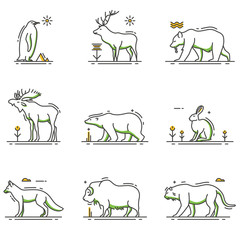 Winter Animals Cartoon in Outline Set