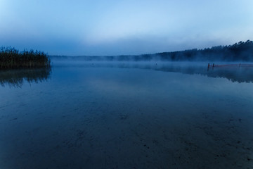 Fog over the lake, twilight over the lake, very dense fog, dawn, blue sky over the lake, the morning comes, the forest reflects in the water, surface water, clear morning sky, gothic, Grim picture