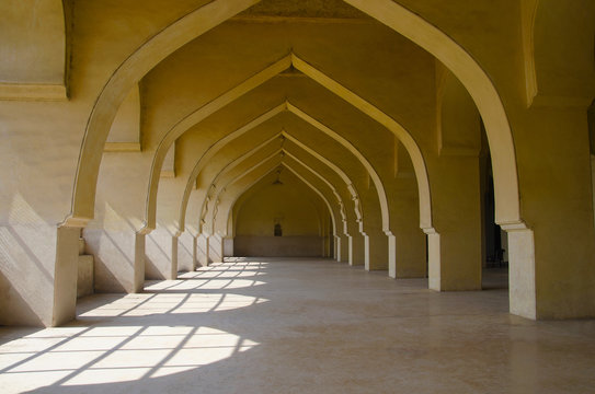 Long interior architectural view of Jama Masjid, Gulbarga, Karnataka