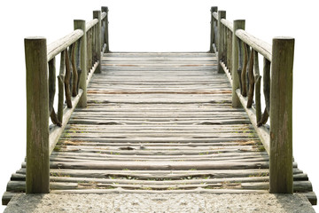 Old and dirty wood bridge isolated on white background.