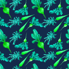 Watercolor Vegan Pattern. Seamless Hand Drawn  Vegetables. Healthy Food Print. Gardening Background. Greenery Repeatable Design for Menu, Restaurant, Salat Bar, Farmers Market. Redish, carrot, beet.