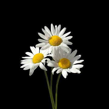 Three daisy flowers with white petals and yellow center on a green stems on  black background close up isolated macro