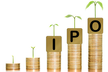Tree growth on stacks of coins with the letters IPO on white background, concept of business growth