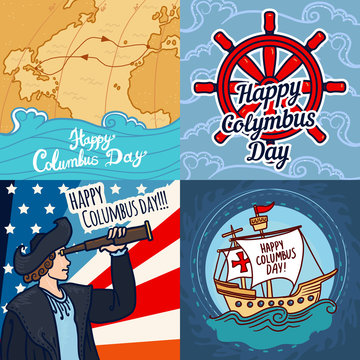 Happy columbus day banner set. Hand drawn set illustration of happy columbus day vector banner for web design