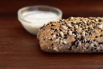 Top view of bread with dip of cream cheese