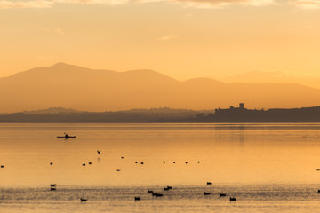 Obraz na płótnie Canvas Beautiful view of Trasimeno lake (Umbria, Italy) at sunset, with orange tones, birds on water, a man on a canoe and Castiglione del Lago town on the background