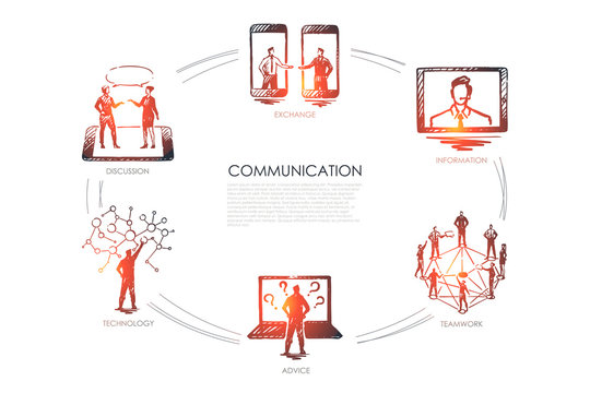 Communication - exchange, information, teamwork, advice, technology set concept.