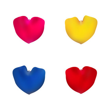 Pink, red, yellow and blue rose petals set. The shape of a heart. Valentine s day. Greeting card Vector illustration.