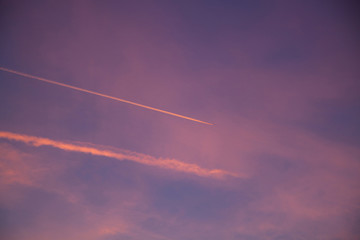 Early morning dawn twilight. Plane tracks. Moscow, Russia. December, 2011.
