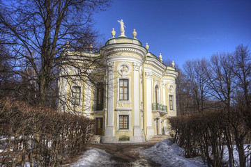 Fototapeta na wymiar The Hermitage in English landscape garden. Kuskovo park. Moscow, Russia. March, 2015.